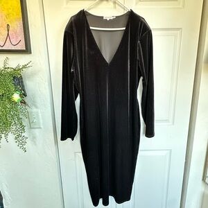 Good American Black Crushed Velvet Deep V-Neck Midi Dress 7 Like New
